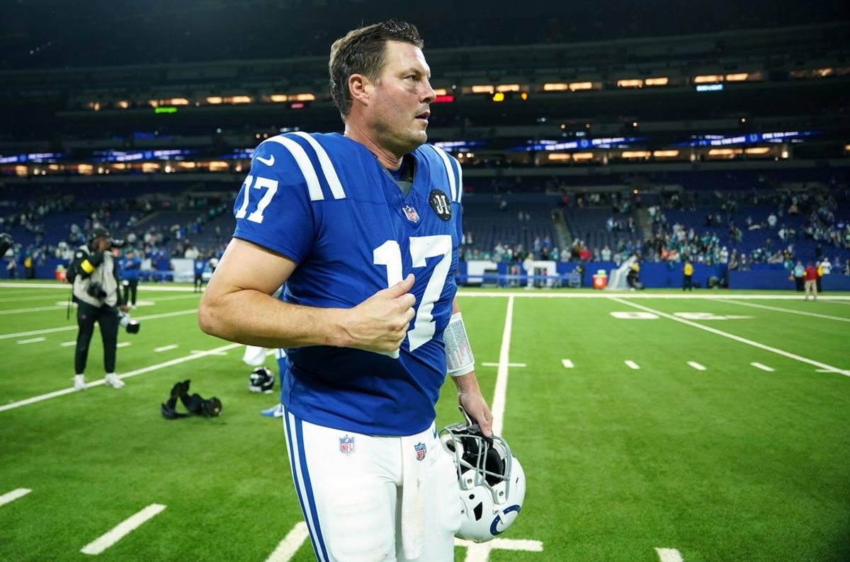 Dec 28, 2025; Indianapolis, Indiana, USA; Indianapolis Colts quarterback Philip Rivers (17) reacts after a game against the Jacksonville Jaguars at Lucas Oil Stadium. Mandatory Credit: Robert Goddin-Imagn Images