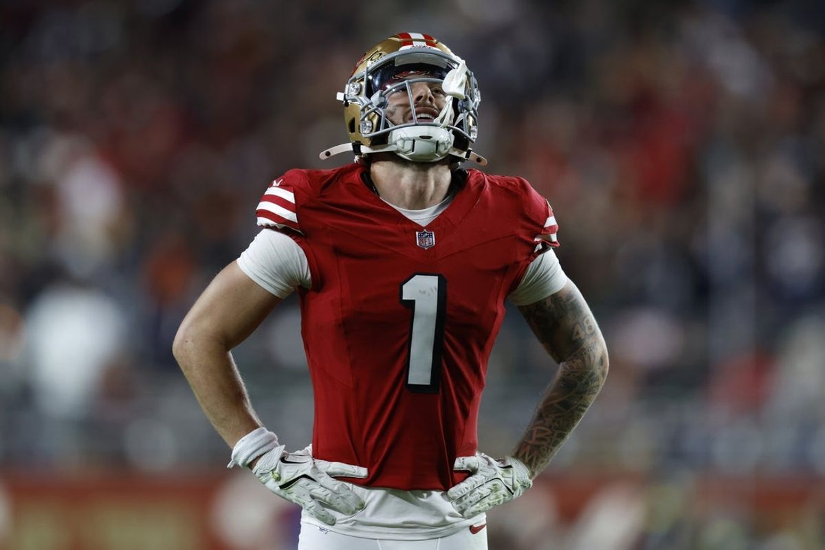 Dec 28, 2025; Santa Clara, California, USA;  San Francisco 49ers wide receiver Ricky Pearsall (1) looks on in the first half against the Chicago Bears at Levi's Stadium. Mandatory Credit: Sergio Estrada-Imagn Images