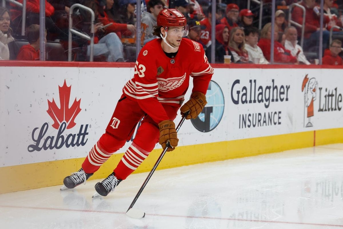 Dec 28, 2025; Detroit, Michigan, USA;  Detroit Red Wings defenseman Moritz Seider (53) skates with the puck in the third period against the Toronto Maple Leafs at Little Caesars Arena. Mandatory Credit: Rick Osentoski-Imagn Images