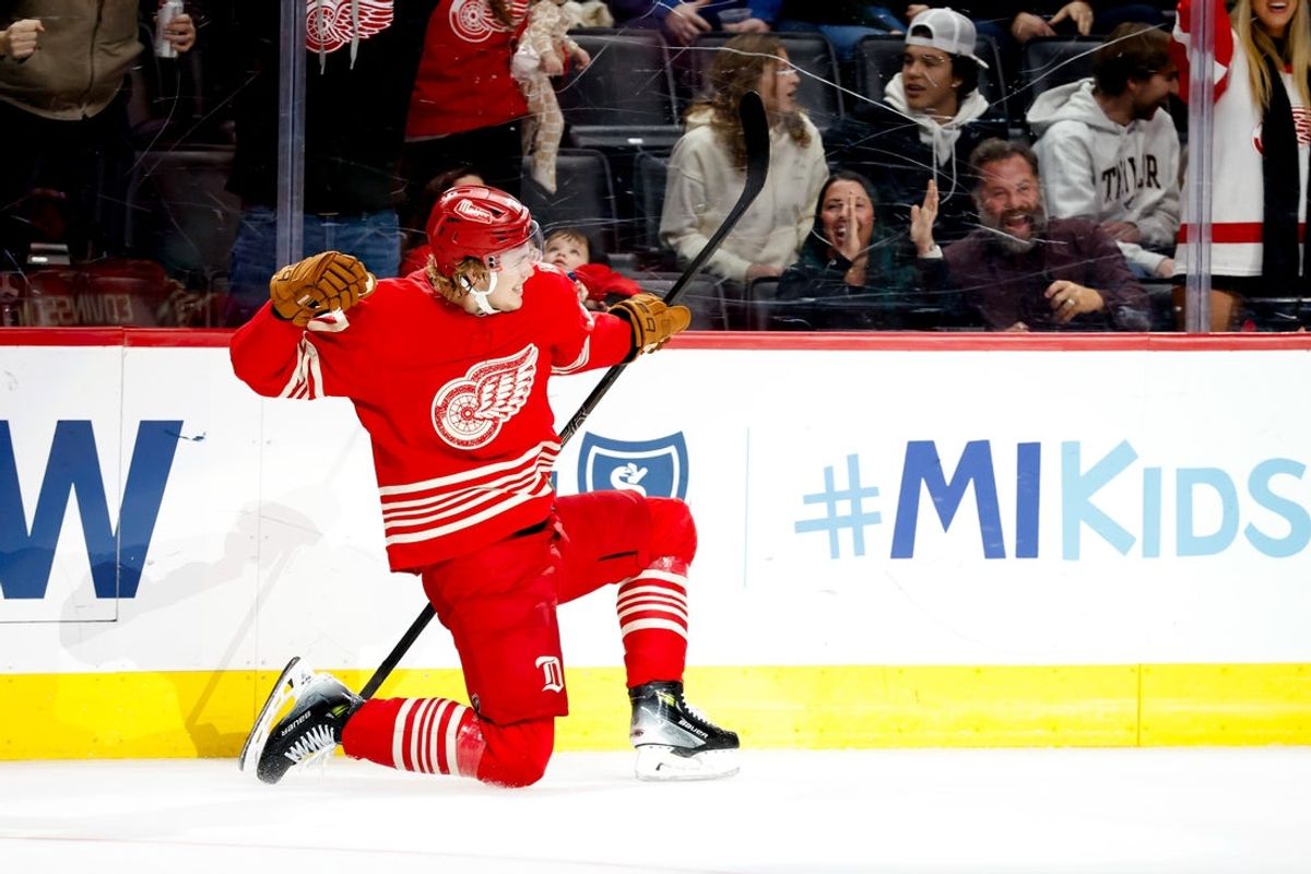Dec 28, 2025; Detroit, Michigan, USA;  Detroit Red Wings defenseman Simon Edvinsson (77) celebrates after scoring in overtime against the Toronto Maple Leafs at Little Caesars Arena. Mandatory Credit: Rick Osentoski-Imagn Images