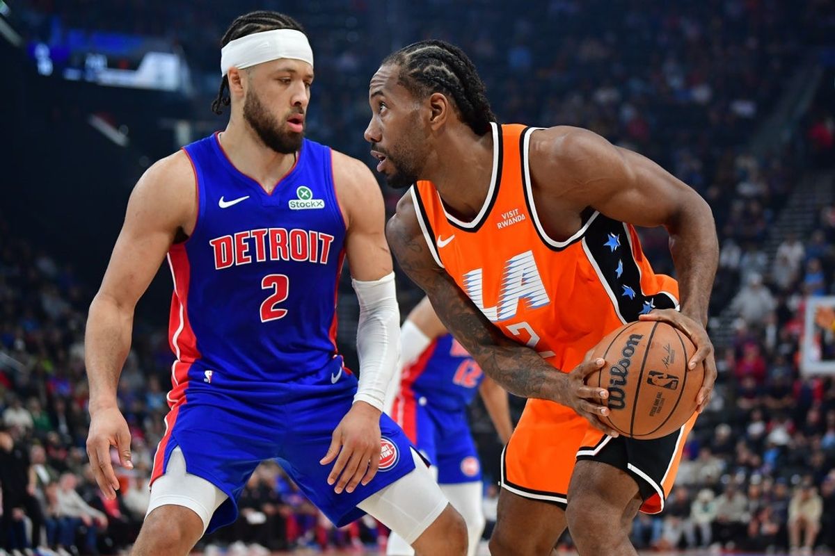 Dec 28, 2025; Inglewood, California, USA; Los Angeles Clippers forward Kawhi Leonard (2) controls the ball against Detroit Pistons guard Cade Cunningham (2) during the first half at Intuit Dome. Mandatory Credit: Gary A. Vasquez-Imagn Images