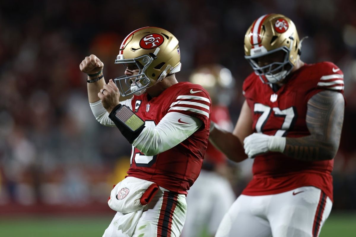 Dec 28, 2025; Santa Clara, California, USA; San Francisco 49ers quarterback Brock Purdy (13) celebrates in the second half against the Chicago Bears at Levi's Stadium. Mandatory Credit: Sergio Estrada-Imagn Images