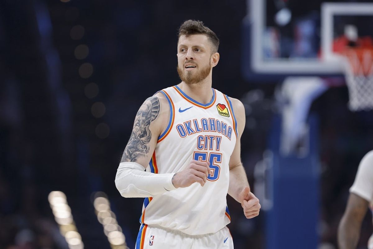 Dec 28, 2025; Oklahoma City, Oklahoma, USA; Oklahoma City Thunder center Isaiah Hartenstein runs down the court during a play against the Philadelphia 76ers during the first quarter at Paycom Center. Mandatory Credit: Alonzo Adams-Imagn Images
