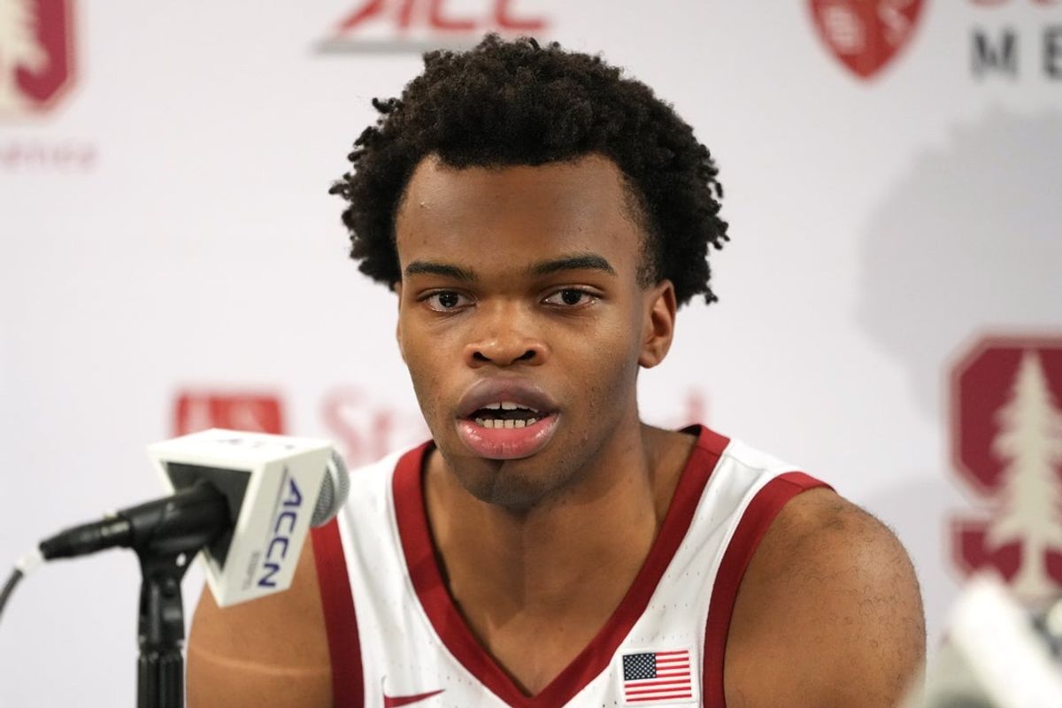 Dec 27, 2025; Stanford, California, USA; Stanford Cardinal guard Ebuka Okorie (1) talks to media members after defeating the CSUN Matadors at Maples Pavilion. Mandatory Credit: Darren Yamashita-Imagn Images