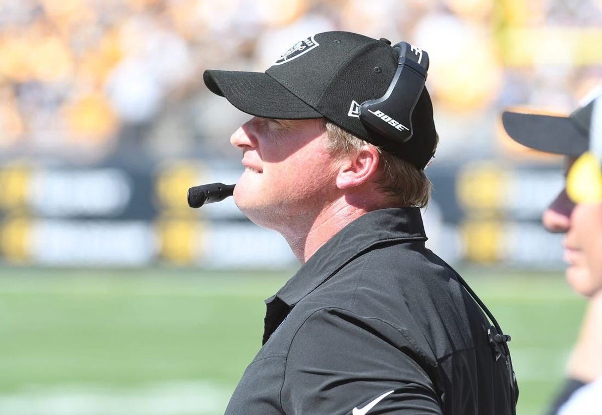Sep 19, 2021; Pittsburgh, Pennsylvania, USA; Las Vegas Raiders head coach Jon Gruden watches the first quarter against the Pittsburgh Steelers at Heinz Field.