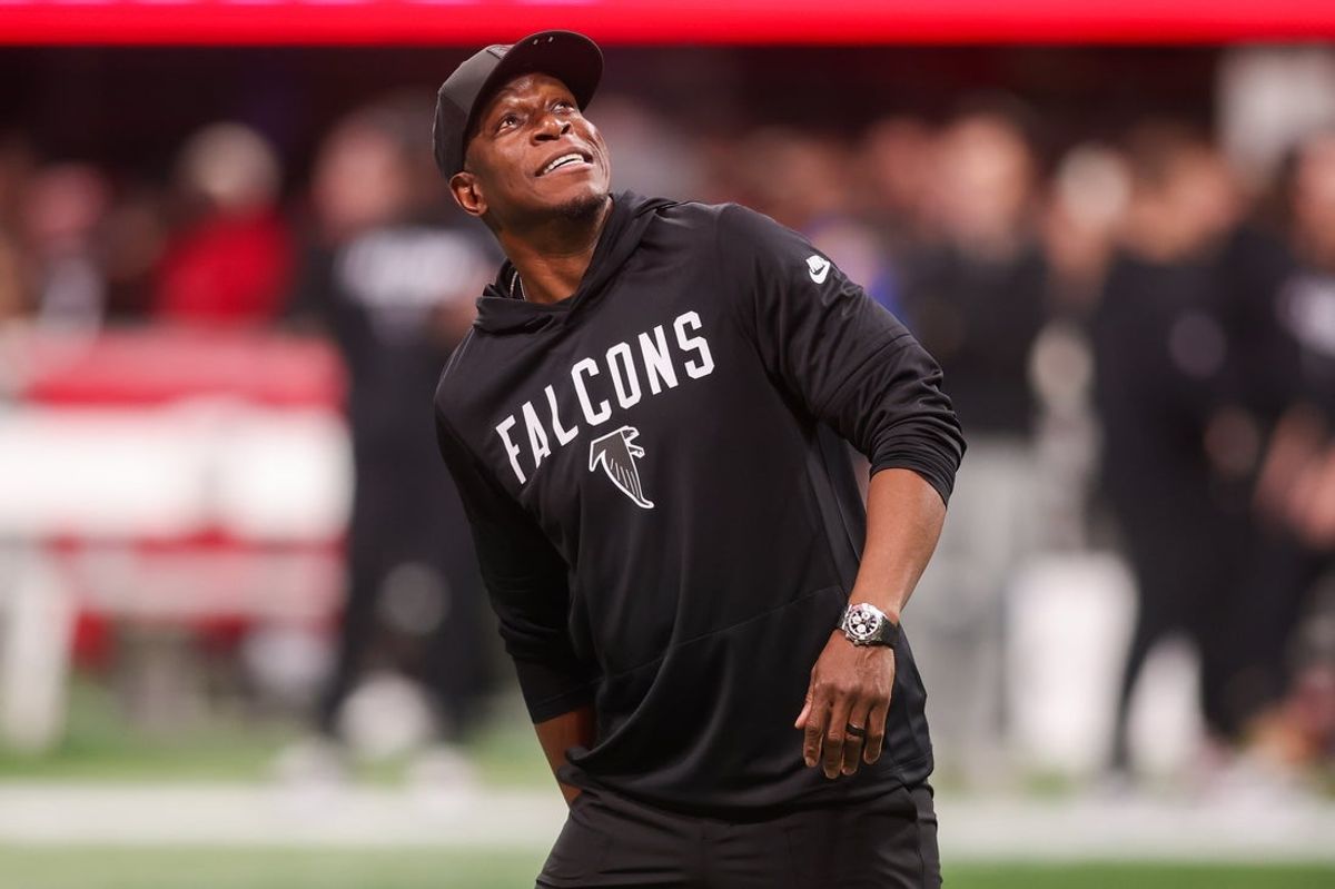 Dec 29, 2025; Atlanta, Georgia, USA; Atlanta Falcons head coach Raheem Morris on the field before a game against the Los Angeles Rams at Mercedes-Benz Stadium. Mandatory Credit: Brett Davis-Imagn Images