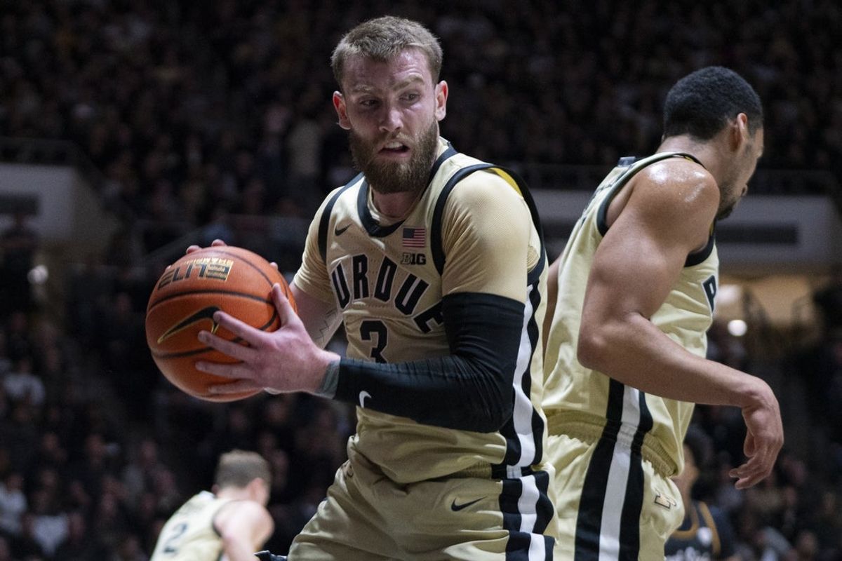 Dec 29, 2025; West Lafayette, Indiana, USA; Purdue Boilermakers guard Braden Smith (3) grabs a rebound during the first half against the Kent State Golden Flashes at Mackey Arena. Mandatory Credit: Jacob Musselman-Imagn Images