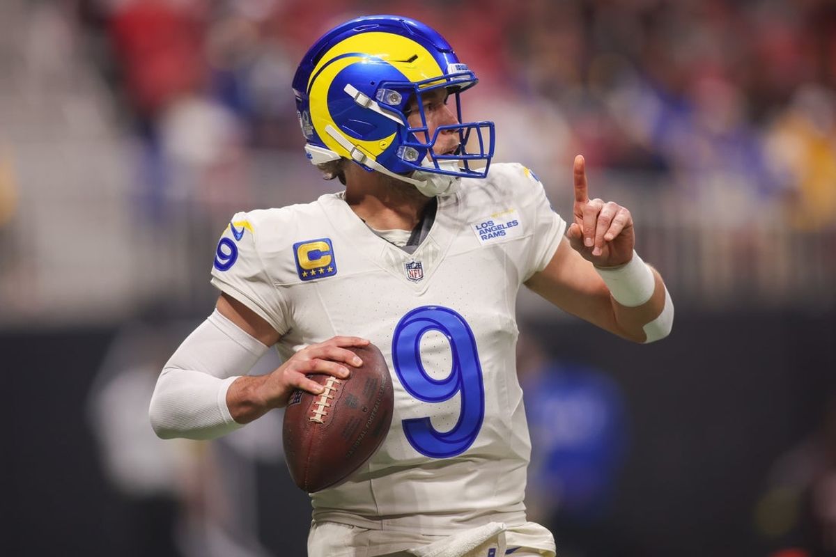Dec 29, 2025; Atlanta, Georgia, USA; Los Angeles Rams quarterback Matthew Stafford (9) drops back to pass against the Atlanta Falcons in the first quarter at Mercedes-Benz Stadium. Mandatory Credit: Brett Davis-Imagn Images