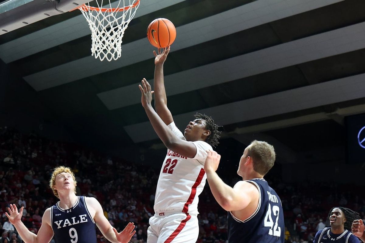 Dec 29, 2025; Tuscaloosa, Alabama, USA; Alabama Crimson Tide forward Aiden Sherrell (22) drives to the basket during the first half against the Yale Bulldogs at Coleman Coliseum. Mandatory Credit: David Leong-Imagn Images
