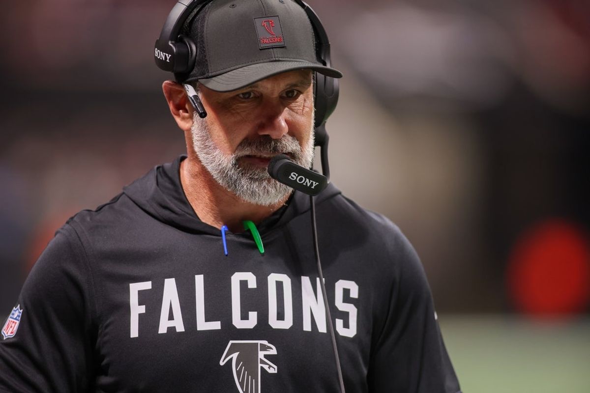 Dec 29, 2025; Atlanta, Georgia, USA; Atlanta Falcons defensive coordinator Jeff Ulbrich on the sideline against the Los Angeles Rams in the second quarter at Mercedes-Benz Stadium. Mandatory Credit: Brett Davis-Imagn Images