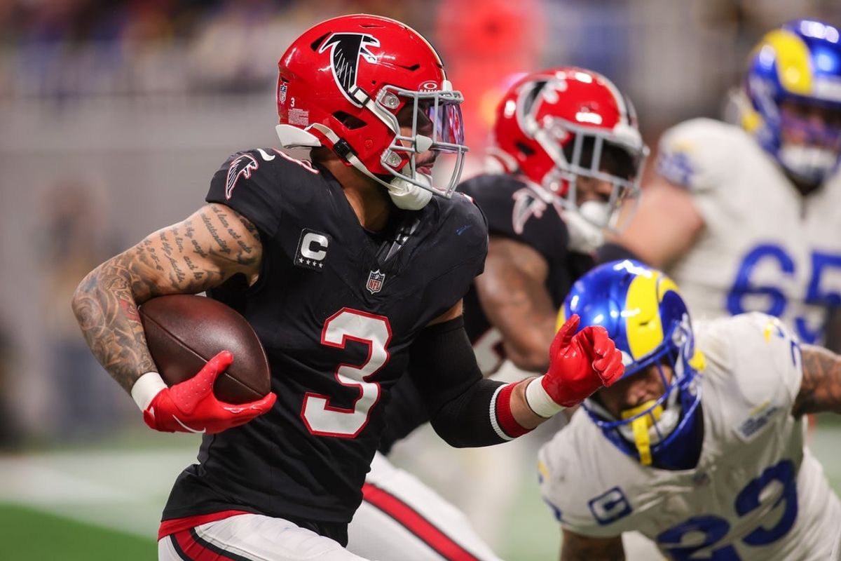 Dec 29, 2025; Atlanta, Georgia, USA; Atlanta Falcons safety Jessie Bates III (3) returns an interception for a touchdown against the Los Angeles Rams in the second quarter at Mercedes-Benz Stadium. Mandatory Credit: Brett Davis-Imagn Images