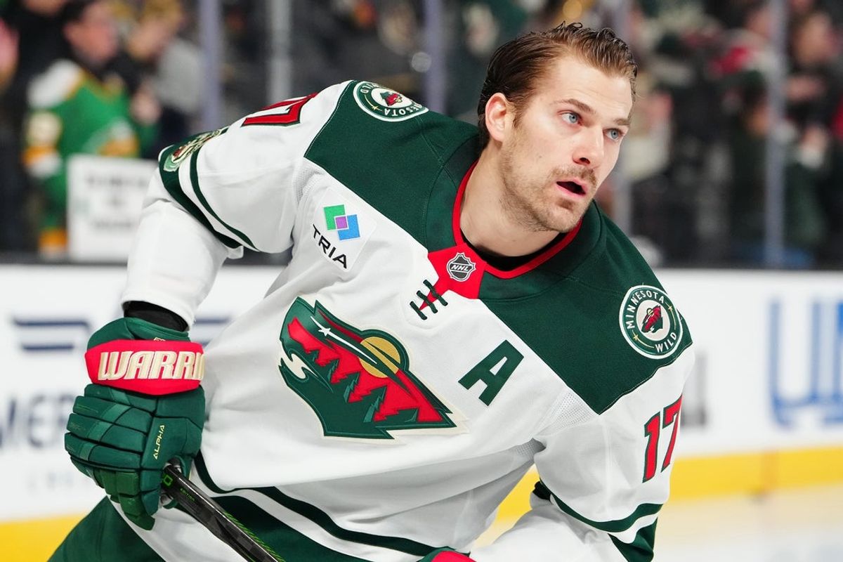 Dec 29, 2025; Las Vegas, Nevada, USA; Minnesota Wild left wing Marcus Foligno (17) warms up before a game against the Vegas Golden Knights at T-Mobile Arena. Mandatory Credit: Stephen R. Sylvanie-Imagn Images
