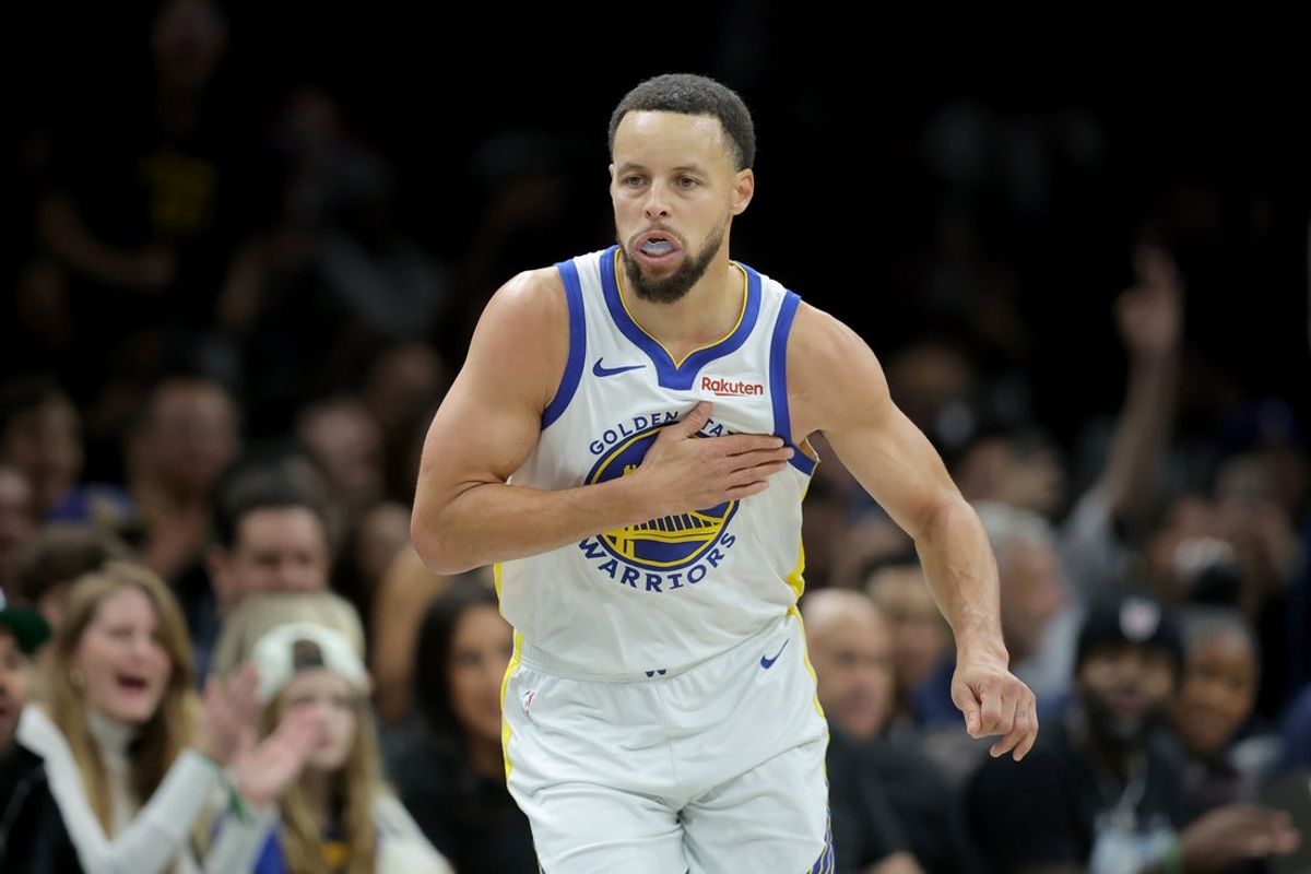 Dec 29, 2025; Brooklyn, New York, USA; Golden State Warriors guard Stephen Curry (30) reacts after making a three point shot against the Brooklyn Nets during the third quarter at Barclays Center. Mandatory Credit: Brad Penner-Imagn Images