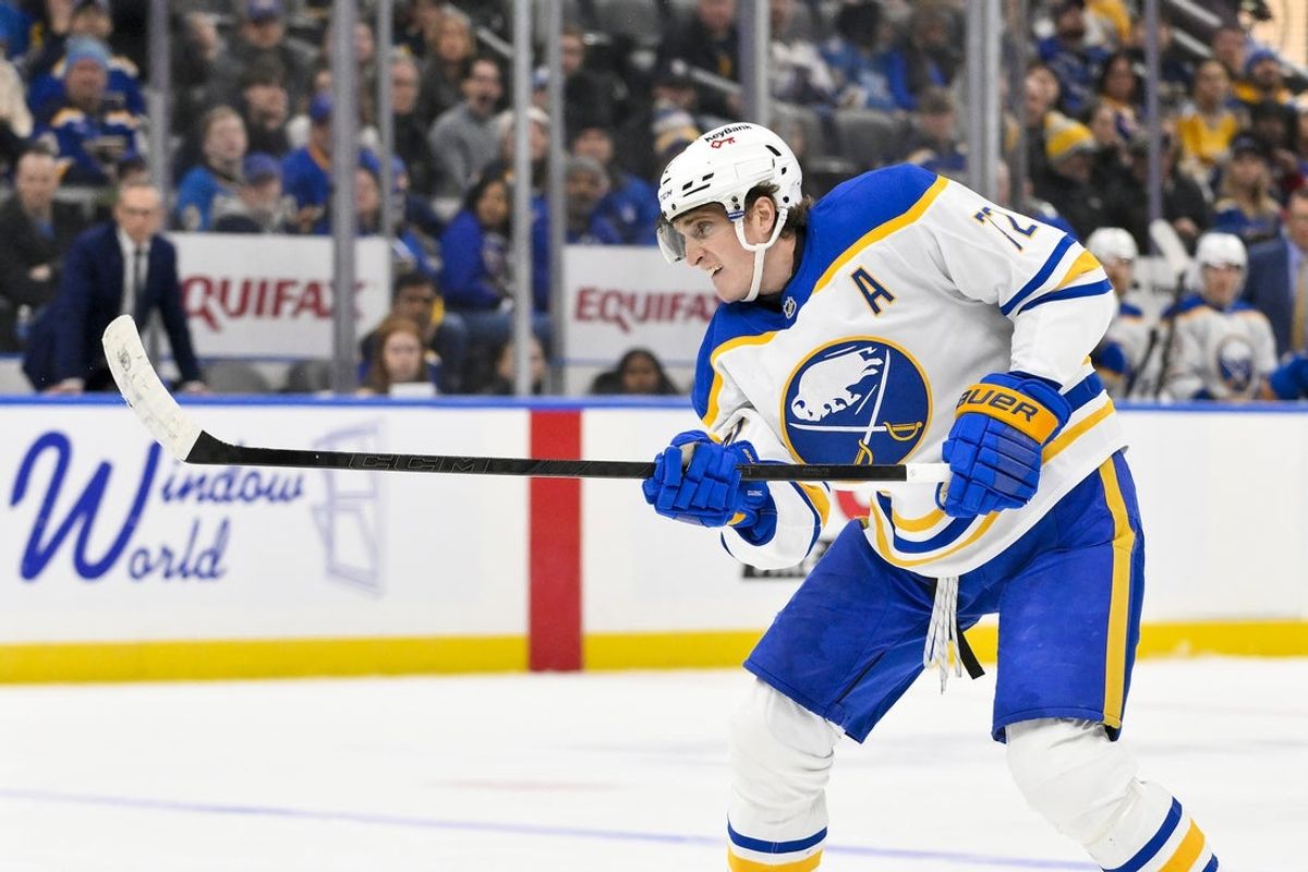 Dec 29, 2025; St. Louis, Missouri, USA; Buffalo Sabres center Tage Thompson (72) shoots against the St. Louis Blues during the third period at Enterprise Center. Mandatory Credit: Jeff Curry-Imagn Images