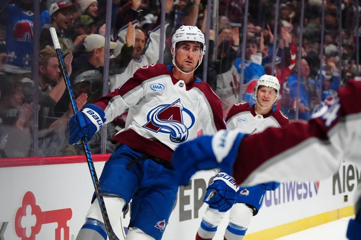 Dec 29, 2025; Denver, Colorado, USA; Colorado Avalanche center Brock Nelson (11) celebrates his goal in the second period against the Los Angeles Kings at Ball Arena. Mandatory Credit: Ron Chenoy-Imagn Images