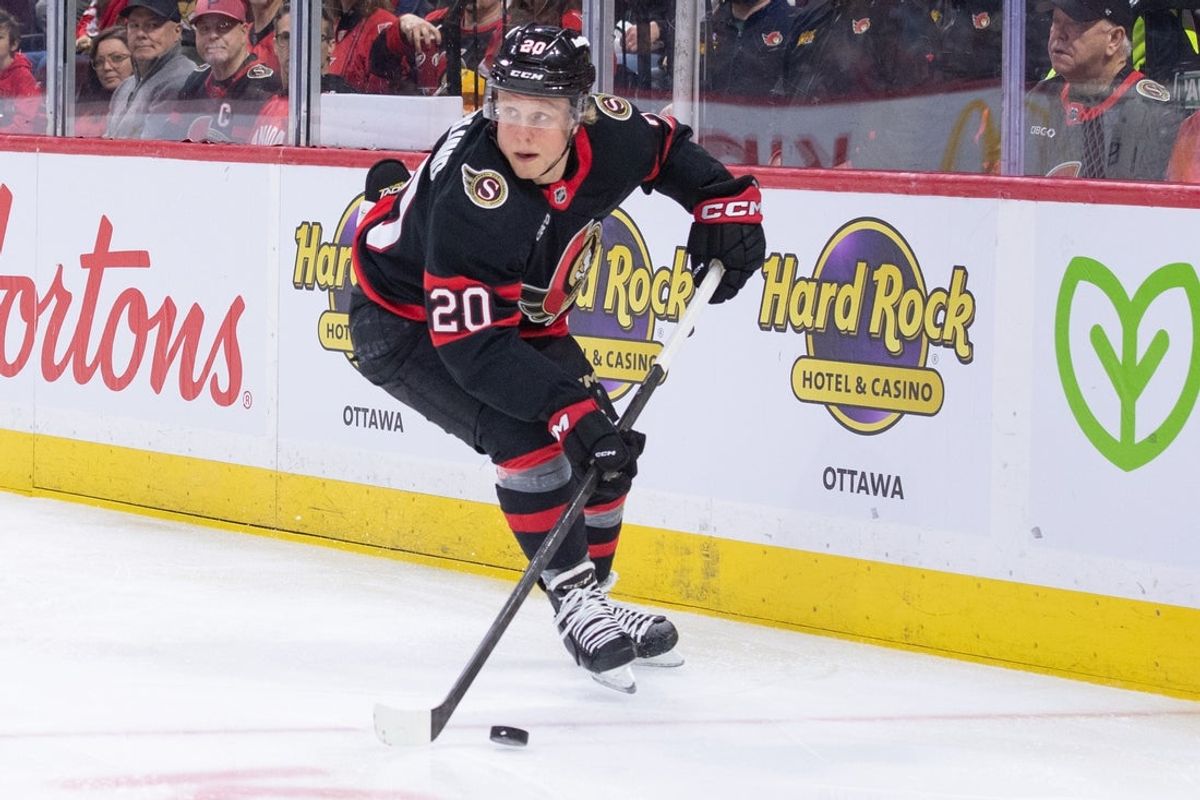 Dec 29, 2025; Ottawa, Ontario, CAN; Ottawa Senators left wing Fabian Zetterlund (20) skates with the puck in the first period against the Columbus Blue Jackets at the Canadian Tire Centre. Mandatory Credit: Marc DesRosiers-IMAGN Images