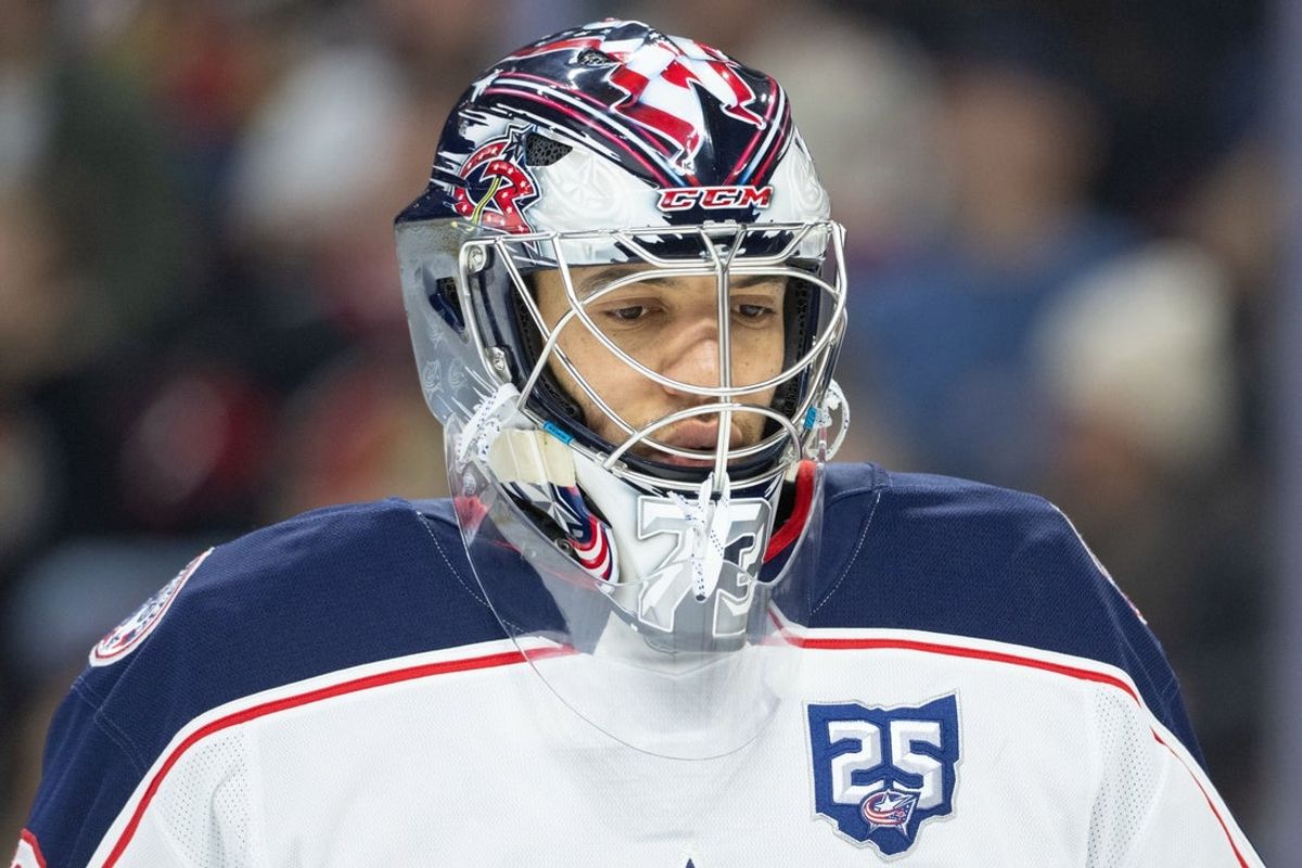 Dec 29, 2025; Ottawa, Ontario, CAN; Columbus Blue Jackets goalie Jet Greaves (73) skates prior to the start of game against the Ottawa Senators at the Canadian Tire Centre. Mandatory Credit: Marc DesRosiers-IMAGN Images