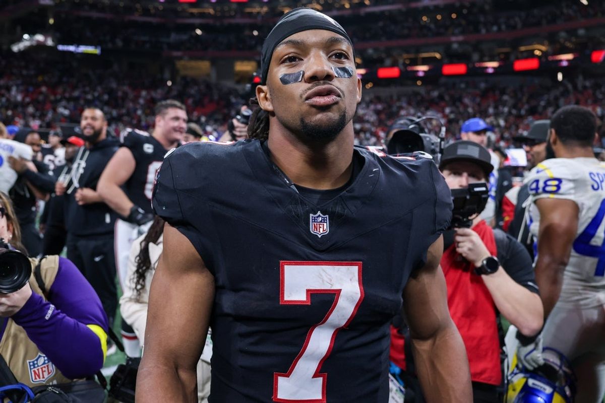 Dec 29, 2025; Atlanta, Georgia, USA; Atlanta Falcons running back Bijan Robinson (7) celebrates after a victory over the Los Angeles Rams at Mercedes-Benz Stadium. Mandatory Credit: Brett Davis-Imagn Images