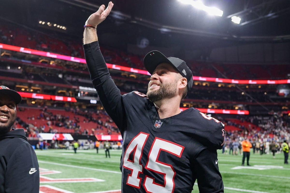 Dec 29, 2025; Atlanta, Georgia, USA; Atlanta Falcons place kicker Zane Gonzalez (45) celebrates after a victory over the Los Angeles Rams at Mercedes-Benz Stadium. Mandatory Credit: Brett Davis-Imagn Images