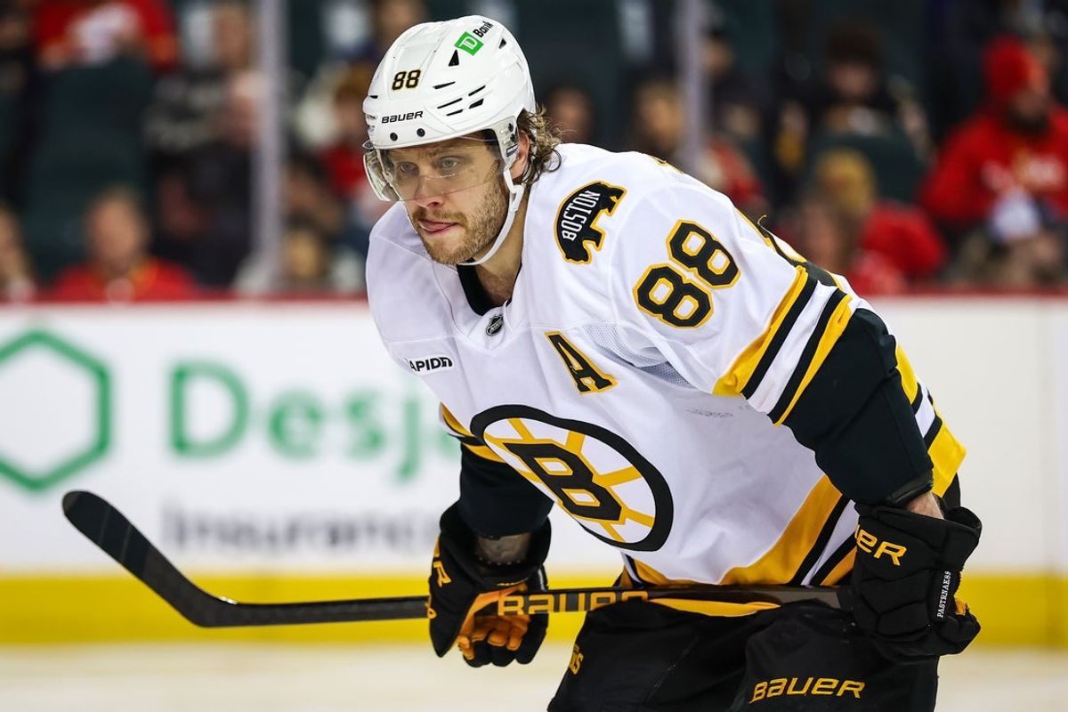Dec 29, 2025; Calgary, Alberta, CAN; Boston Bruins right wing David Pastrnak (88) during the third period against the Calgary Flames at Scotiabank Saddledome. Mandatory Credit: Sergei Belski-Imagn Images