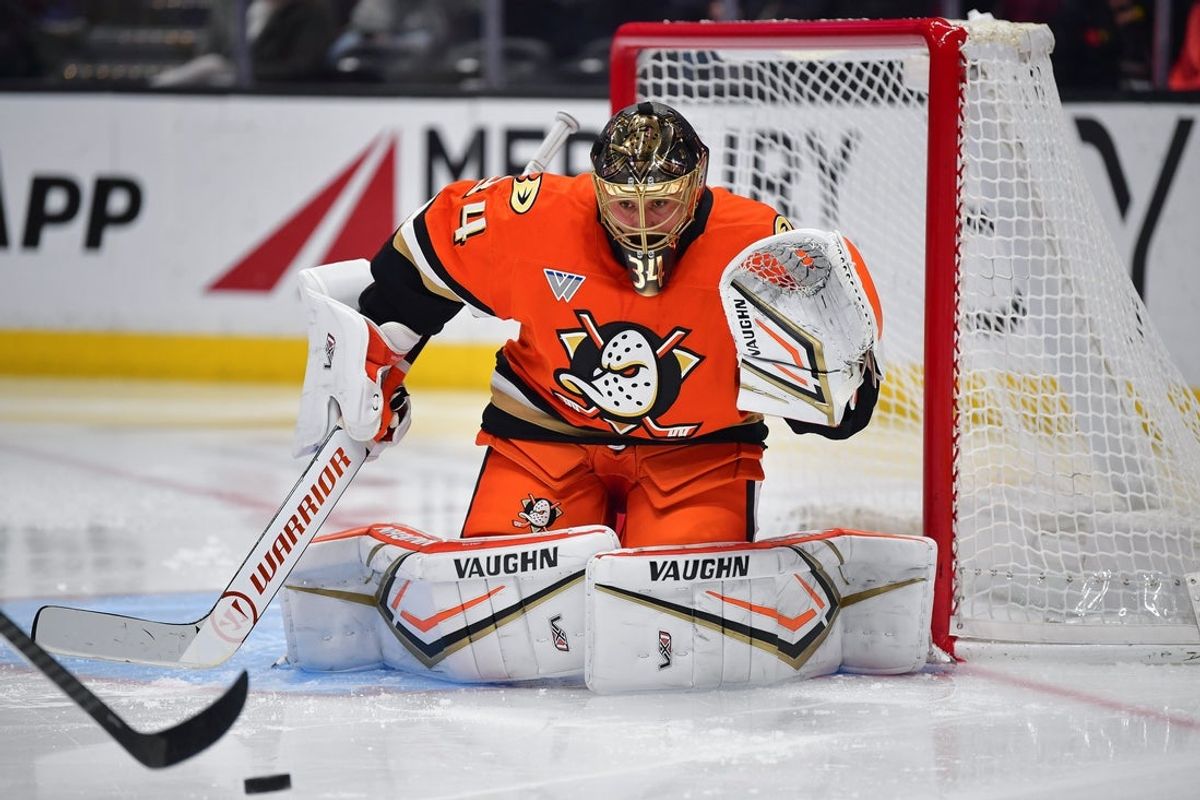 Dec 29, 2025; Anaheim, California, USA; Anaheim Ducks goaltender Petr Mrazek (34) defends the goal against the San Jose Sharks during the third period at Honda Center. Mandatory Credit: Gary A. Vasquez-Imagn Images