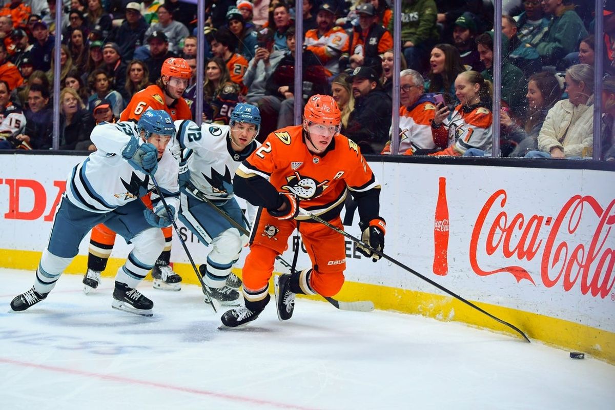 Dec 29, 2025; Anaheim, California, USA; Anaheim Ducks defenseman Jackson Lacombe (2) plays for the puck against the San Jose Sharks during the third period at Honda Center. Mandatory Credit: Gary A. Vasquez-Imagn Images