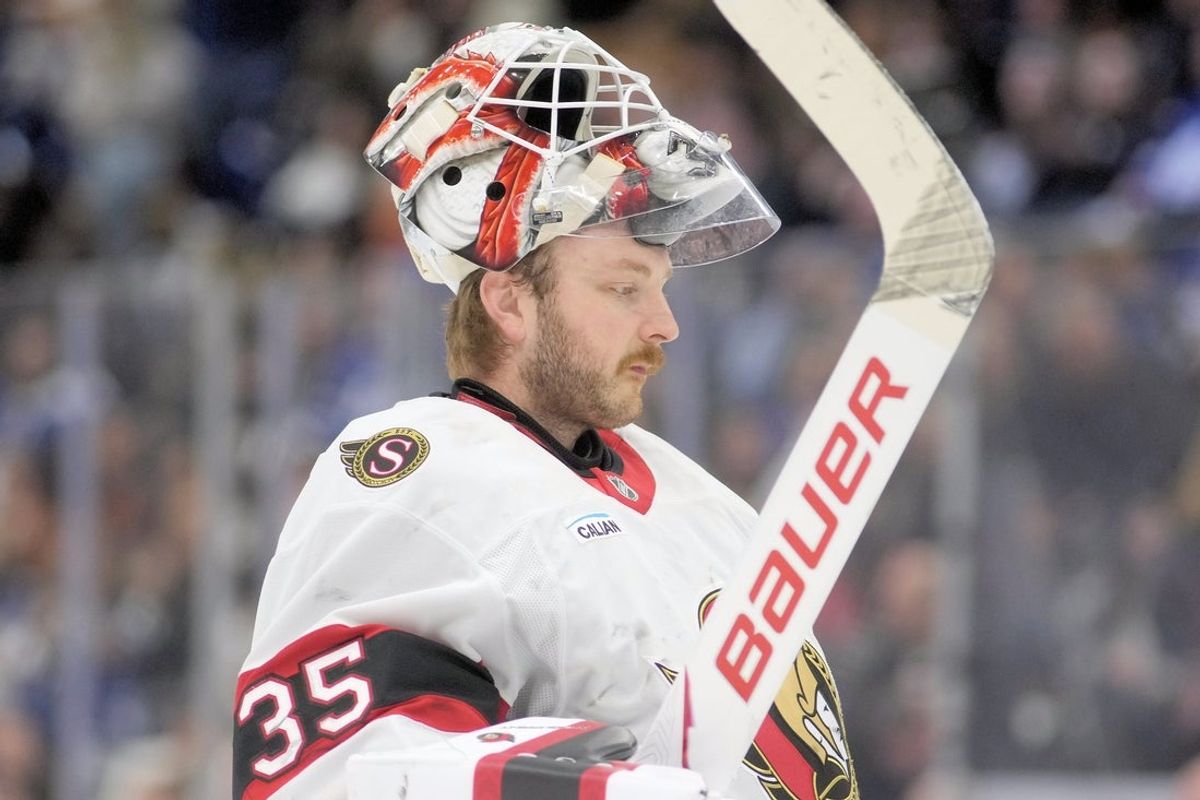 Dec 27, 2025; Toronto, Ontario, CAN; Ottawa Senators goaltender Linus Ullmark (35) during a break in the action against the Toronto Maple Leafs at Scotiabank Arena. Mandatory Credit: John E. Sokolowski-Imagn Images