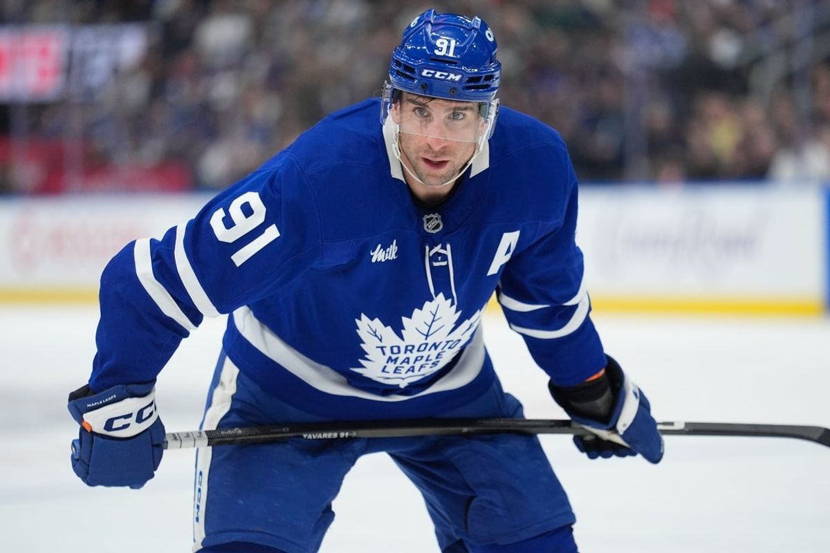 Dec 27, 2025; Toronto, Ontario, CAN; Toronto Maple Leafs forward John Tavares (91) gets ready to take a face-off against the Ottawa Senators during the first period at Scotiabank Arena. Mandatory Credit: John E. Sokolowski-Imagn Images
