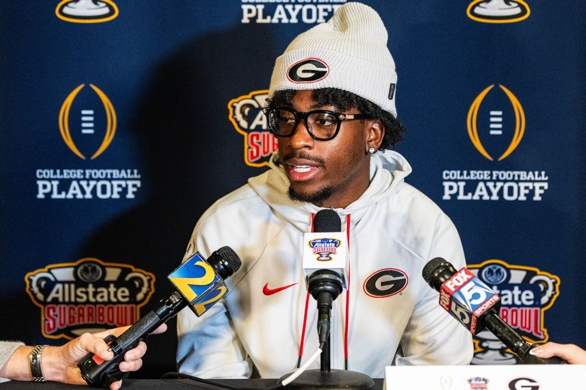 Georgia wide receiver Zachariah Branch (1) takes questions from the press during the Sugar Bowl and College Football Playoff quarterfinals Media Day at Sheraton New Orleans Hotel in New Orleans, La., on Tuesday, Dec. 30, 2025. Players and coaches from Ole Miss and Georgia took questions from the press.