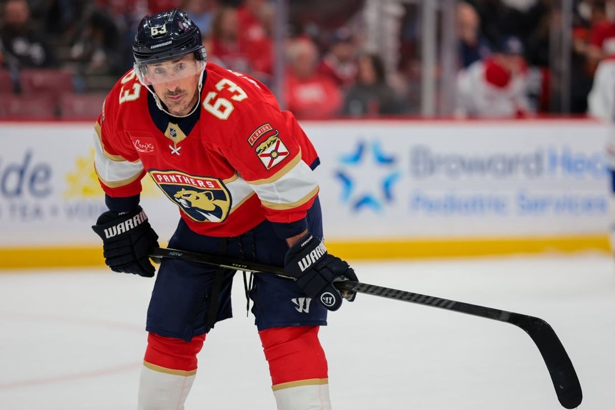 Dec 30, 2025; Sunrise, Florida, USA; Florida Panthers left wing Brad Marchand (63) looks on against the Montreal Canadiens during the first period at Amerant Bank Arena. Mandatory Credit: Sam Navarro-Imagn Images