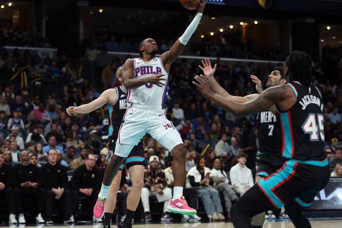 Dec 30, 2025; Memphis, Tennessee, USA; Philadelphia 76ers guard Tyrese Maxey (0) drives to the basket during the first quarter against the Memphis Grizzlies at FedExForum. Mandatory Credit: Petre Thomas-Imagn Images