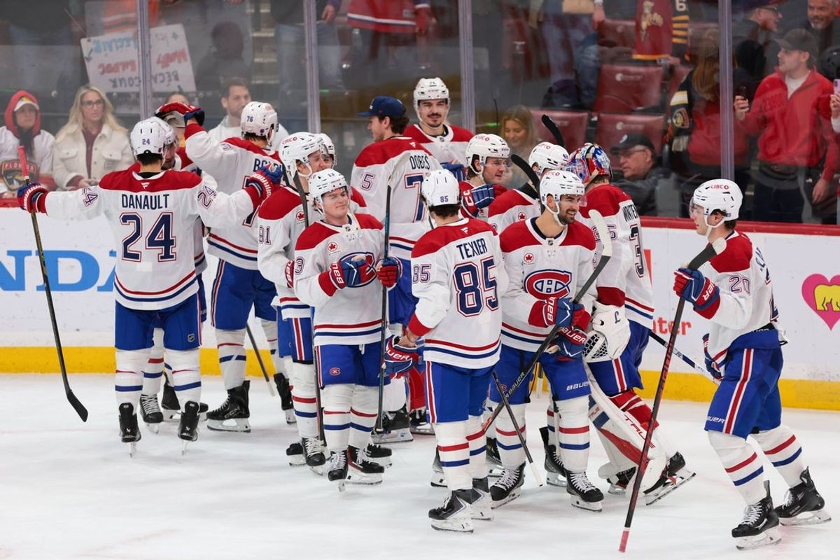Dec 30, 2025; Sunrise, Florida, USA; Montreal Canadiens celebrate after the game against the Florida Panthers at Amerant Bank Arena. Mandatory Credit: Sam Navarro-Imagn Images