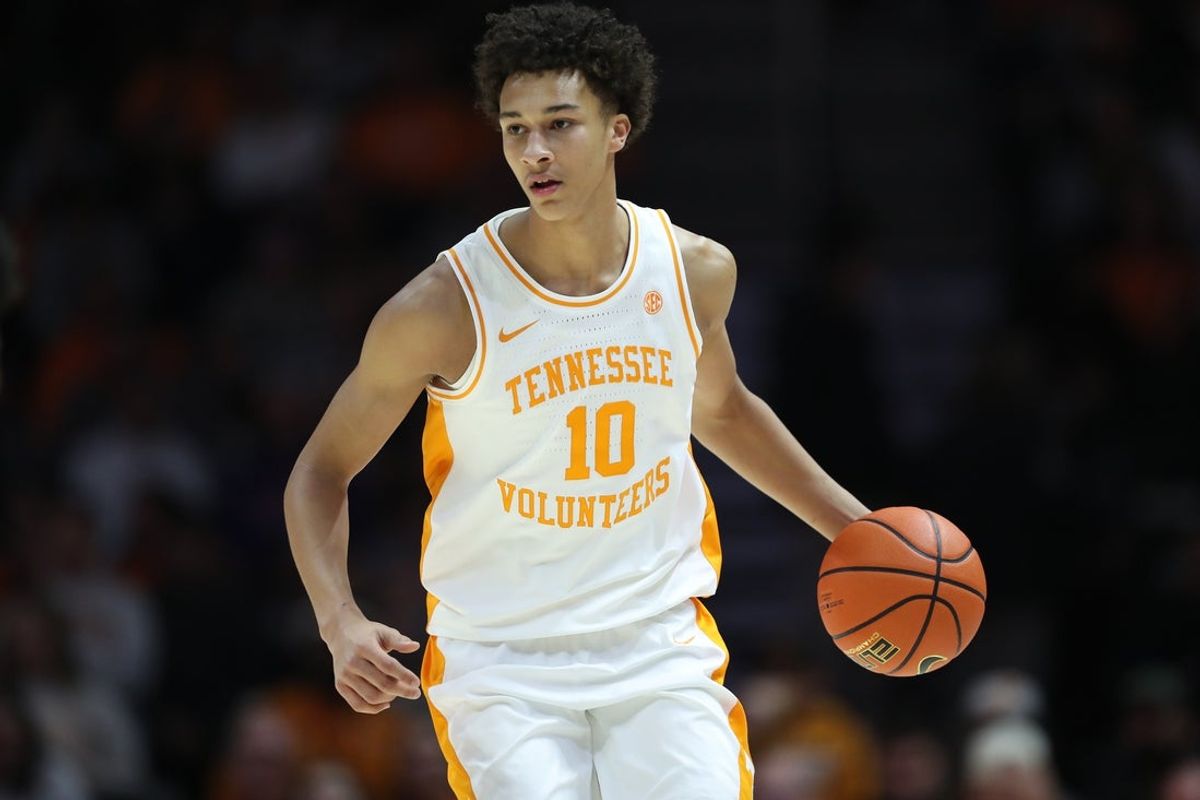 Dec 30, 2025; Knoxville, Tennessee, USA;  Tennessee Volunteers forward Nate Ament (10) brings the ball up court against the South Carolina State Bulldogs during the first half at Thompson-Boling Arena at Food City Center. Mandatory Credit: Randy Sartin-Imagn Images