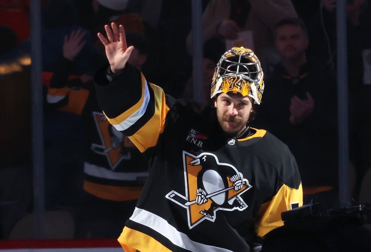 Dec 30, 2025; Pittsburgh, Pennsylvania, USA; Pittsburgh Penguins goaltender Stuart Skinner (74) reacts to being named first star of the game against the Carolina Hurricanes at PPG Paints Arena. Mandatory Credit: Charles LeClaire-Imagn Images