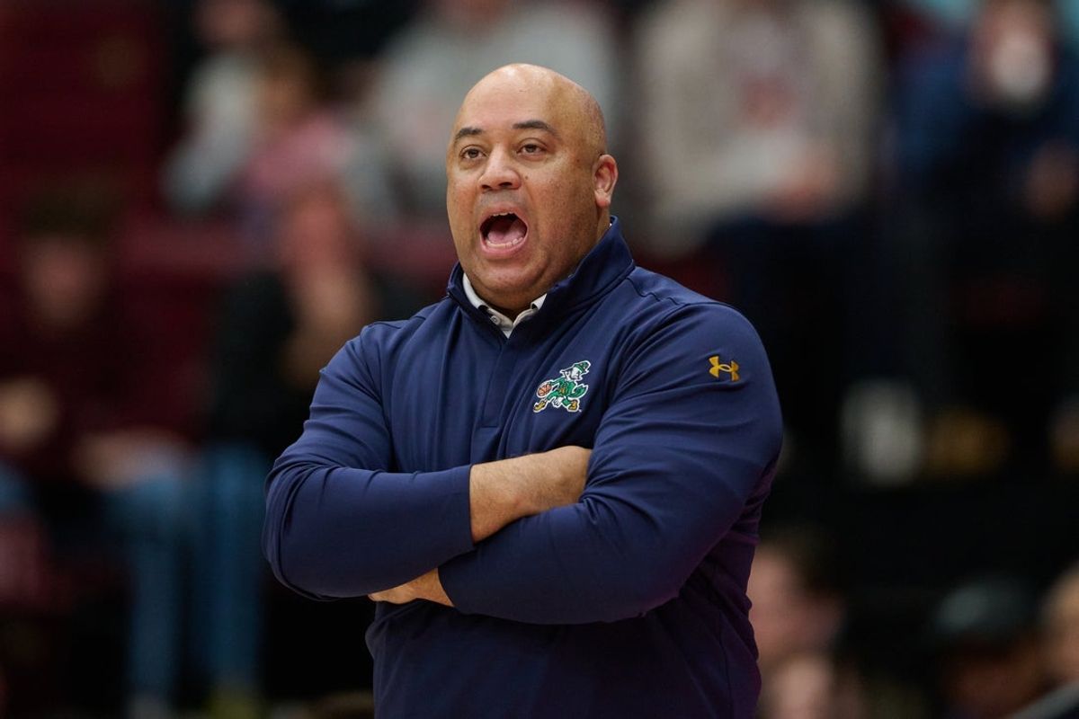 Dec 30, 2025; Stanford, California, USA; Notre Dame Fighting Irish head coach Micah Shrewsberry looks on against the Stanford Cardinal during the second half at Maples Pavilion. Mandatory Credit: Robert Edwards-Imagn Images