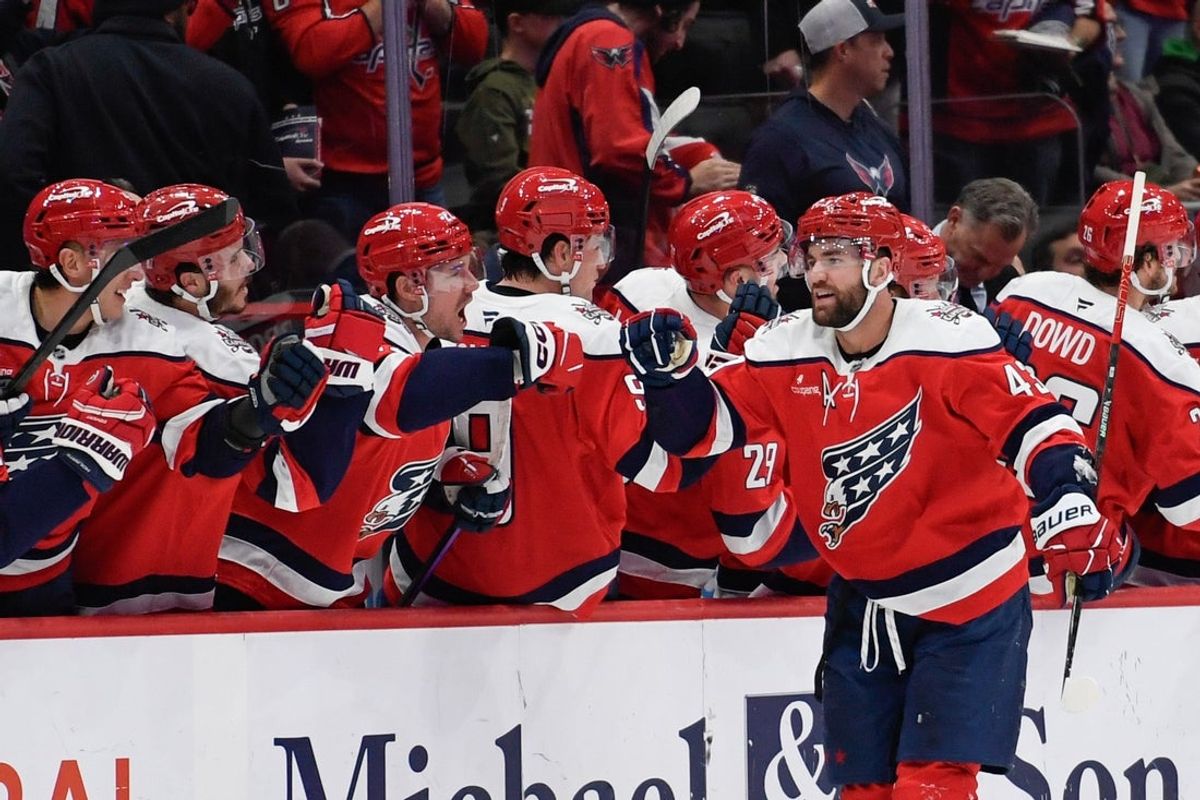 Dec 31, 2025; Washington, District of Columbia, USA; Washington Capitals right wing Tom Wilson (43) celebrates with teammates after scoring a goal against the New York Rangers during the second period at Capital One Arena. Mandatory Credit: Hannah Foslien-Imagn Images