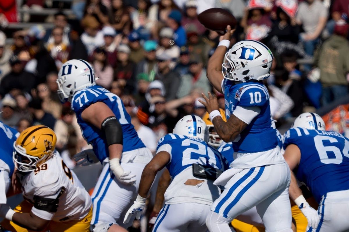 Duke’s Darian Mensah (10) throws the ball during the Tony the Tiger Sun Bowl against Arizona State at Sun Bowl Stadium in El Paso, Texas, on Wednesday, Dec. 31, 2025.