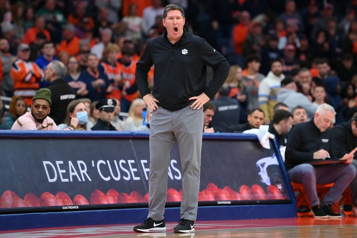 Dec 31, 2025; Syracuse, New York, USA; Clemson Tigers head coach Brad Brownell reacts during the second half against the Syracuse Orange at the JMA Wireless Dome. Mandatory Credit: Rich Barnes-Imagn Images