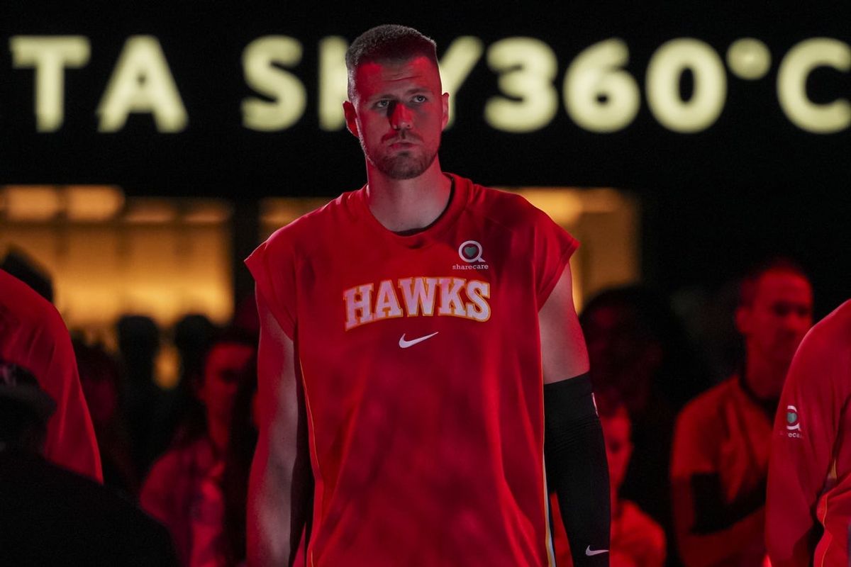 Dec 31, 2025; Atlanta, Georgia, USA; Atlanta Hawks center Kristaps Porzingis (8) shown before the start of the game against the Minnesota Timberwolves at State Farm Arena. Mandatory Credit: Dale Zanine-Imagn Images