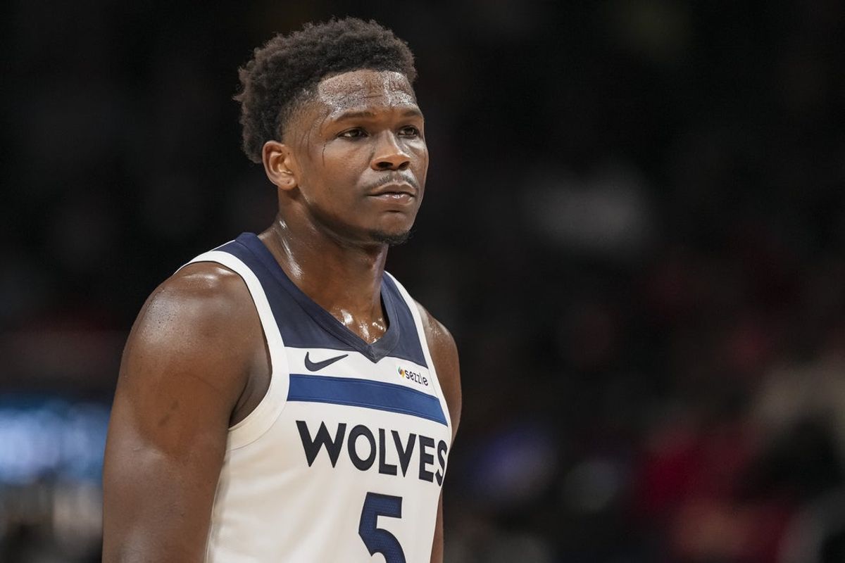 Dec 31, 2025; Atlanta, Georgia, USA; Minnesota Timberwolves guard Anthony Edwards (5) on the court during the game against the Atlanta Hawks during the second half at State Farm Arena. Mandatory Credit: Dale Zanine-Imagn Images