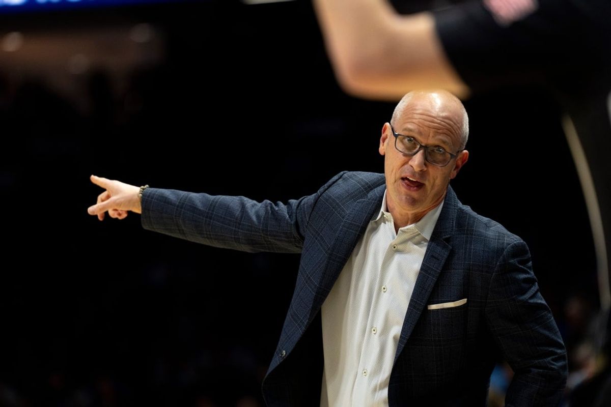 UConn Huskies head coach Dan Hurley coaches in the first half of the NCAA basketball game against the Xavier Musketeers at the Cintas Center in Cincinnati on Dec. 31, 2025.