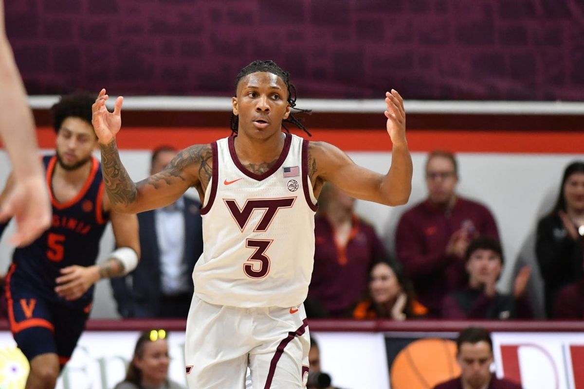 Dec 31, 2025; Blacksburg, Virginia, USA;   Virginia Tech Hokies guard Ben Hammond (3) celebrates a basket during the third overtime period at Cassell Coliseum. Mandatory Credit: Brian Bishop-Imagn Images