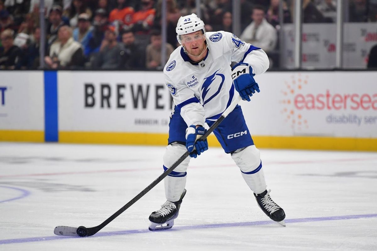 Dec 31, 2025; Anaheim, California, USA; Tampa Bay Lightning defenseman Darren Raddysh (43) controls the puck against the Anaheim Ducks during the third period at Honda Center. Mandatory Credit: Gary A. Vasquez-Imagn Images