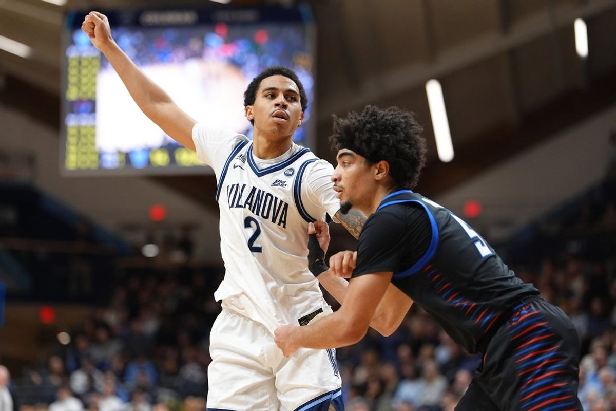 Dec 31, 2025; Villanova, Pennsylvania, USA; Villanova Wildcats guard Bryce Lindsay (2) in action against DePaul Blue Demons guard RJ Smith (5) in the first half at William B. Finneran Pavilion. Mandatory Credit: Kyle Ross-Imagn Images