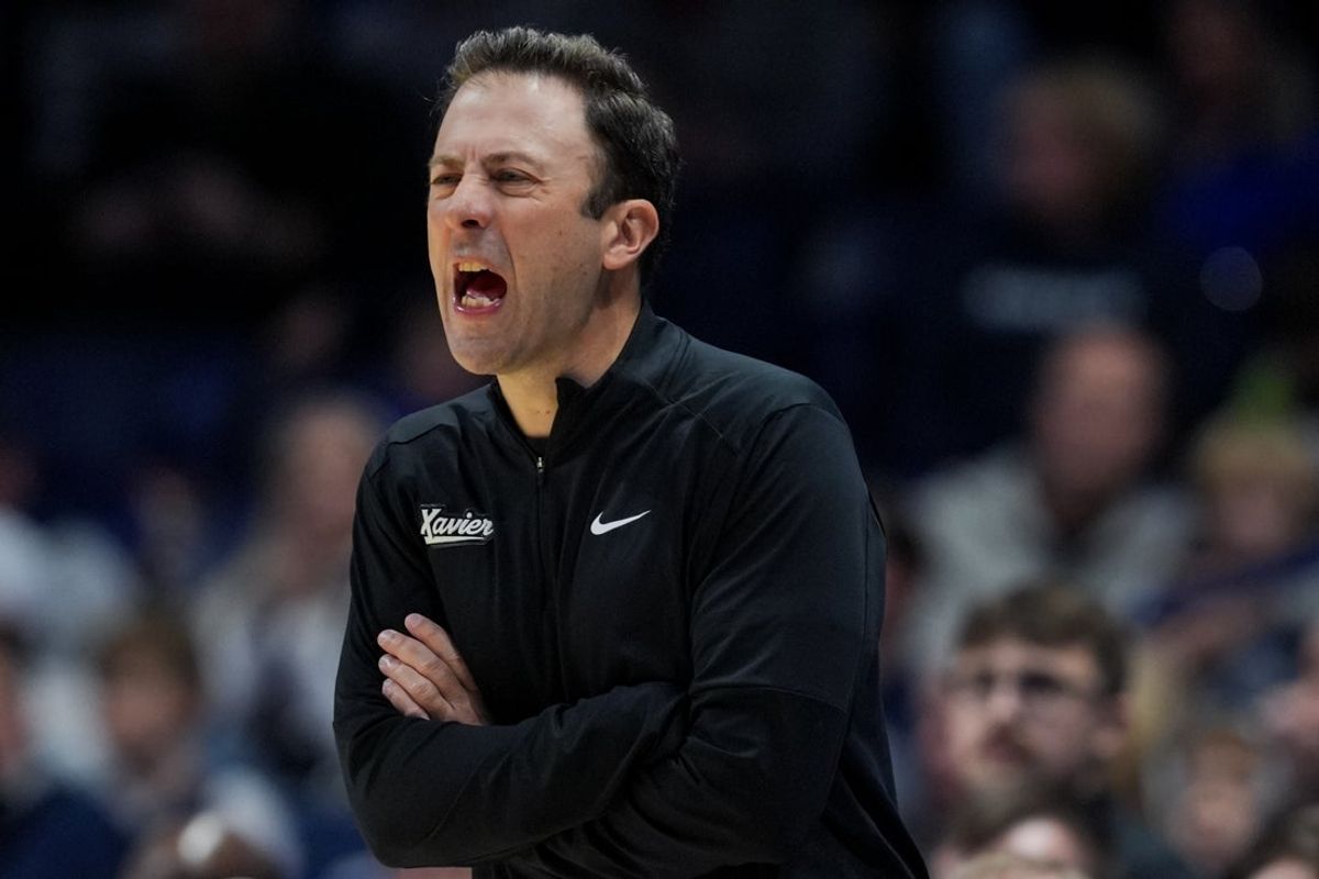 Dec 31, 2025; Cincinnati, Ohio, USA;  Xavier Musketeers head coach Richard Pitino works the sideline against the UConn Huskies in the second half at the Cintas Center. Mandatory Credit: Aaron Doster-Imagn Images