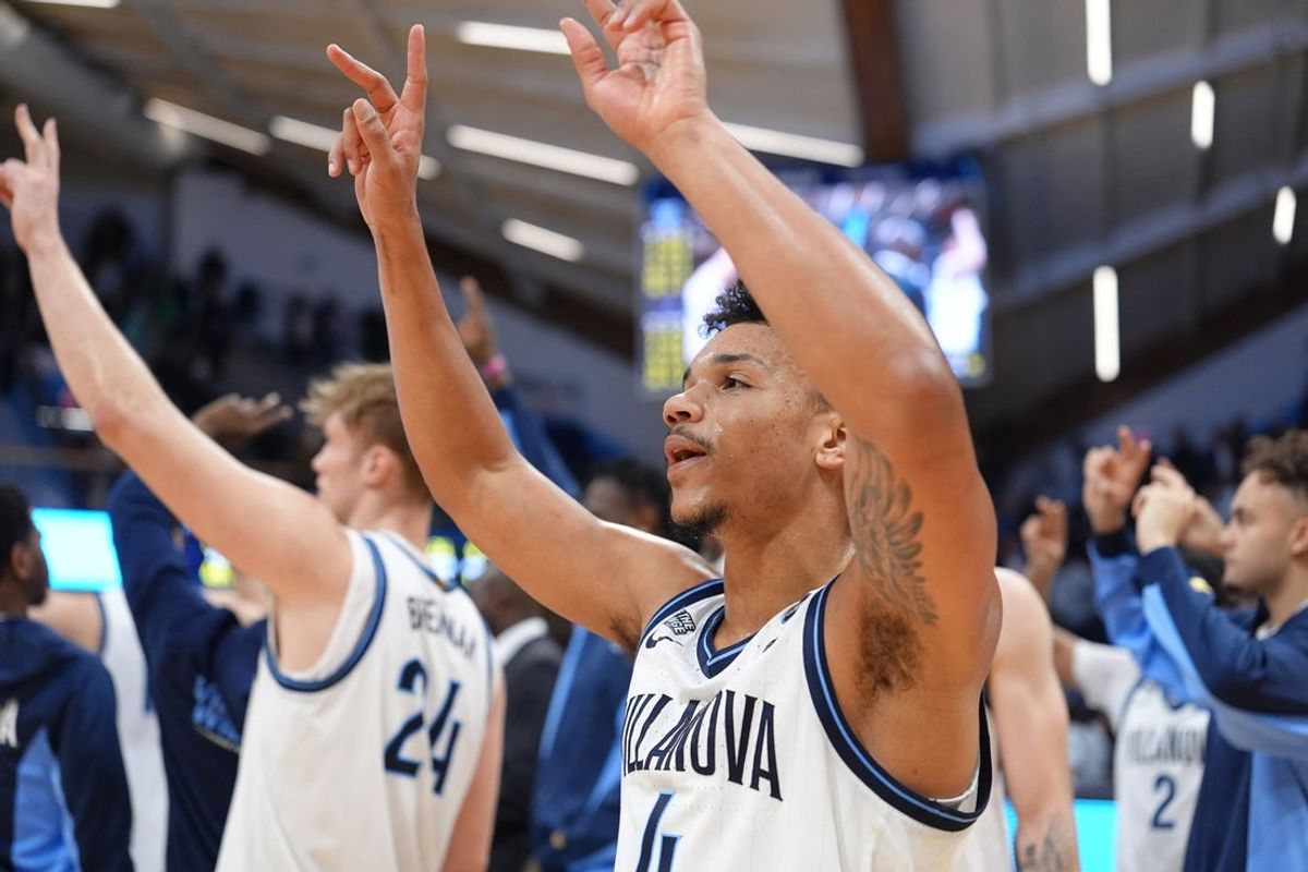 Dec 31, 2025; Villanova, Pennsylvania, USA; Villanova Wildcats guard Tyler Perkins (4) reacts after the game against the DePaul Blue Demons at William B. Finneran Pavilion. Mandatory Credit: Kyle Ross-Imagn Images