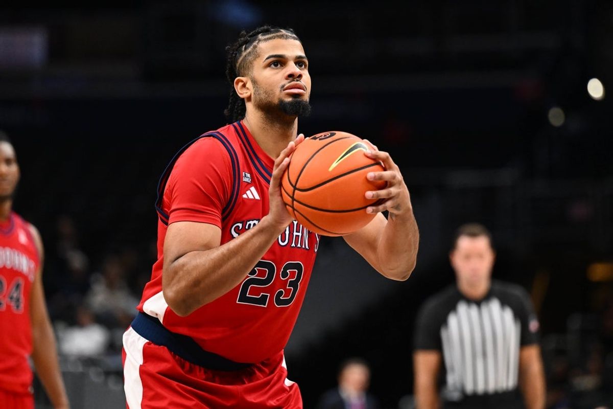 Dec 31, 2025; Washington, District of Columbia, USA; St. John's Red Storm forward Bryce Hopkins (23) prepares to shoot against the Georgetown Hoyas during the first half at Capital One Arena. Mandatory Credit: Brad Mills-Imagn Images