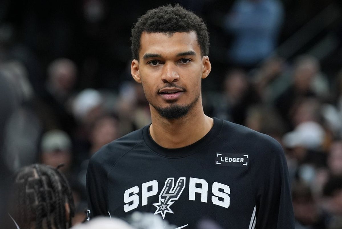 Dec 31, 2025; San Antonio, Texas, USA;  San Antonio Spurs forward Victor Wembanyama (1) after the game against the New York Knicks at Frost Bank Center. Mandatory Credit: Daniel Dunn-Imagn Images