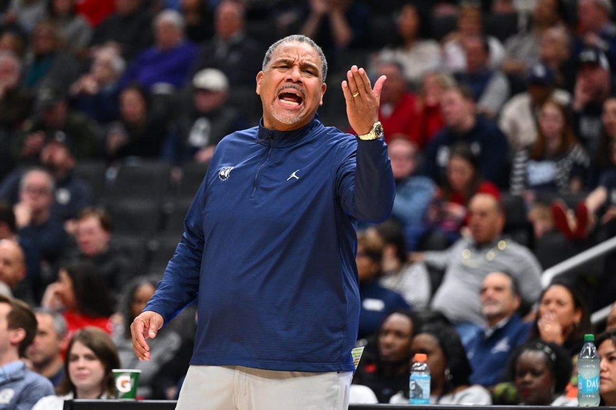 Dec 31, 2025; Washington, District of Columbia, USA; Georgetown Hoyas head coach Ed Cooley reacts against the St. John's Red Storm during the second half at Capital One Arena. Mandatory Credit: Brad Mills-Imagn Images