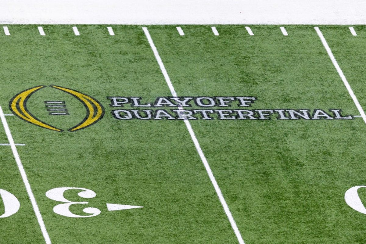 Jan 1, 2026; New Orleans, LA, USA; A detailed view of the College Football Playoff Quarterfinal logo before the 2025 Sugar Bowl and quarterfinal game of the College Football Playoff between the Georgia Bulldogs and the Mississippi Rebels at Caesars Superdome. Mandatory Credit: Stephen Lew-Imagn Images